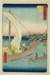 Kuwana: Kompok Shichiriben (Kuwana, Shichiri no watashibune), 43. az "Ötvenhárom állomás híres látnivalói (Gojusan tsugi meisho zue)" sorozatból, más néven Függőleges Tokaido