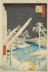 Fukagawai fatelepek (Fukagawa kiba), sötét égbolt, 106. kép a "Száz híres edói látkép (Meisho Edo hyakkei)" sorozatból.