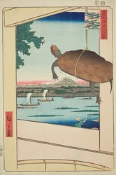 Mannen-híd, Fukagawa (Fukagawa Mannenbashi), No.56 a "One Hundred Famous Views of Edo (Meisho Edo hyakkei)" sorozatból.