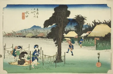 Minakuchi: Szárított tökforgács, helyi specialitás (Minakuchi, meibutsu kanpyo), a "Tokaido ötvenhárom állomása (Tokaido gojusan tsugi no uchi)" sorozatból, más néven Hoeido Tokaido