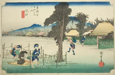 Minakuchi: Szárított tökforgács, helyi specialitás (Minakuchi, meibutsu kanpyo), a "Tokaido ötvenhárom állomása (Tokaido gojusan tsugi no uchi)" sorozatból, más néven Hoeido Tokaido