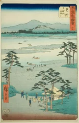 Mitsuke: Komp a Tenryu folyón (Mitsuke, Tenryugawa funewatashi), 29. az "Ötvenhárom állomás híres látnivalói (Gojusan tsugi meisho zue)" sorozatból, más néven Függőleges Tokaido