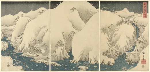 Hegyek és folyók a Kiso úton (Kisoji no yamakawa), a triptichonok cím nélküli sorozatából