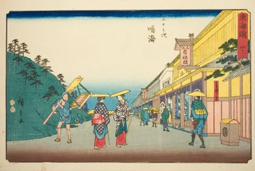 Narumi: A híres nyakkendővel festett szövetet árusító üzletek (Narumi, meisan shibori mise) – No. 41, a "Tokaido ötvenhárom állomása (Tokaido gojusan tsugi)" sorozatból, más néven Reisho Tokaido