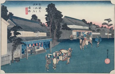 Narumi: a helyi Arimatsu Shibori szövetbolt, a „Fifty-three Stations on the Tokaido” sorozatból, 1834-35 körül (színes fatömbnyomat)