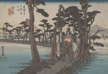 16. szám „Yoshiwara: Fuji a bal oldalon” A Tokaido 53 állomásáról, 1833 körül