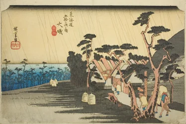 Oiso: Tora esője (Oiso, Tora ga ame), a "Tokaido út ötvenhárom állomása (Tokaido gojusan tsugi no uchi)" című sorozatból, amely Hoeido Tokaido néven is ismert.