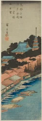 Eső az Azuma hídnál az aszakusai Kinryuzan templom alatt (Asakusa Kinryuzan shita Azuma Bashi uchu bo), a „Keleti főváros híres kilátásai (Toto meisho)” sorozatból