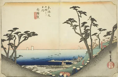 Shirasuka: Kilátás a Shiomi-lejtőre (Shirasuka, Shiomizaka zu), a "Tokaido ötvenhárom állomása (Tokaido gojusan tsugi no uchi)" sorozatból, más néven Hoeido Tokaido
