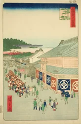 Shitaya Hirokoji, No.13 az "Edo száz híres látképe (Meisho Edo hyakkei)" sorozatból.