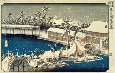 Havazás éjjel: egy házat, folyót és díszkertet ábrázoló jelenet hulló hó alatt, a Tokaido 53 állomása sorozatból, (yoko-e - vízszintes formátum, színes fanyomat)