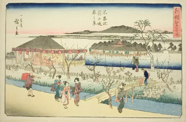 Tavaszi kilátás az új rakpartról a Shinobazu-tónál (Shinobazu ike shin dote haru no kei), az „Edói újonnan kiválasztott híres helyek (Shinsen Edo meisho)” sorozatból.
