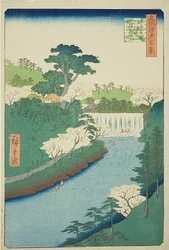 Az Otonashi folyó gátja az Ojinál, közismert nevén "A nagy vízesés" (Oji Otonashigawa entai, sezoku Otaki to tonau), 19. kép a "Száz híres edói látkép (Meisho Edo hyakkei)" sorozatból.