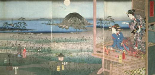 Fujitsubo hölgy figyeli, amint Genji herceg holdfényben távozik, 1853