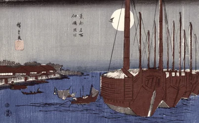 Tsukudajima sziget és a Fukagawa körzet telihold alatt, a „Toto Meisho” (Edo híres helyei) sorozatból (színes fatömbnyomat)