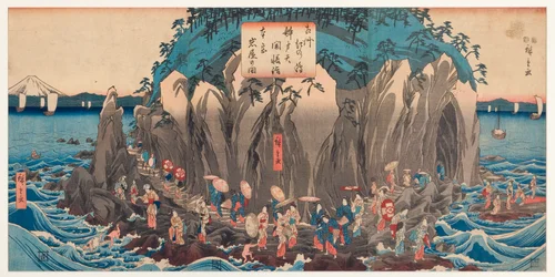 Zarándoklat látképe Benzaiten barlangjához és szentélyéhez Enosimában, Szagamiban, kb. 1850-51
