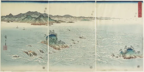 Kilátás az örvényfürdőkre Awa tartományban, 1857