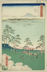View w and tee rth Asuka pull (Asukayama egy kicsit kopik), a „Ridge for ridges d red bun s view of Edo (Edo száz híres nézete Edo)” sorozatból.