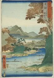 Yamato tartomány: Tatsuta-hegy és Tatsuta-folyó (Yamato, Tatsutayama, Tatsutagawa), a "Híres helyek a hatvanpár tartományban (Rokujuyoshu meisho zue)" sorozatból