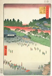 Yatsuko, a Sujikai kapu belsejében, az „Edo száz híres képe” sorozatból, 1857 (színes fatömbnyomat)