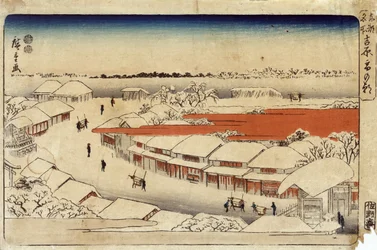 Yoshiwara Yuki no Asa, 1850 (színes fametszet) (színes fametszet)