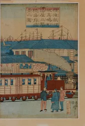 Egy állomás, 1870 körüli (japán fametszet-triptichon)