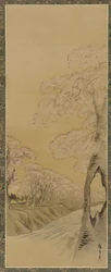 Táj: virágzó cseresznyefák a patak partján, Edo-korszak, 1615-1868.