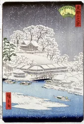 Egy falu a hó alatt, Japán - Hiroshige japán nyomata -19. század