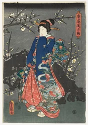 Lány cseresznyevirágok alatt, 1838-80 körül (nishiki-e, többszínű fametszet)