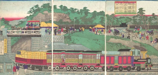 Illusztráció egy gőzmozdonyról, amely a tokiói Takanawa vasúton fut Tokió ta..., kb. 1873.