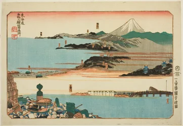 Nihonbashi, Shinagawa, Kawasaki és Kanagawa, a "Híres helyek a Tokaido ötvenhárom állomásán, négy állomás (Tokaido gojusan eki yonshuku meisho)" sorozatból.