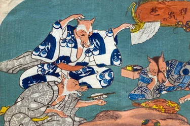 Mosómedve és róka játékban (Tanuki – kitsune no asobi), 1842 körül