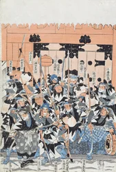 Ronin A Kiras-kapu megtámadása, jelenet a Chiushingura or. XI. felvonásából. The Loyal League: A Japanese Romance, Monzayemon Chikamatsu (recto) (fatömbnyomat) (lásd a 144580-as verset)