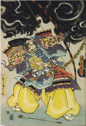 Lap egy színes fatömbnyomatú triptichonról, Minamoto no Yorimasa ábrázolásával, Ii Hayata és Watanabe Choshichi segítségével, lelövi a nue-t Konoe császár palotájának tetejéről: Japán, Edo, Utagawa Kuniyoshi, c. 1820-1825