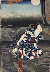 Lap egy színes fatömbös triptichonnyomatról Imayo Teru-uji furudera no kozu (A legfrissebb Teruuji egy régi képen egy régi templomban) című lap, amely egy romos templom jelenetét ábrázolja holdfényben szakadt és hámló fusumával, Teru-val. uji törülközőt kí