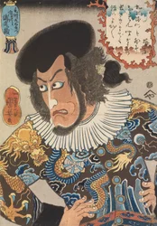 A színész Ichikawa Ebizo V, mint Kezori Kuemon, fatömbnyomat, kiadó: Fujiokaya Hikotaro (Shogendo), 1840. 8. hónap (színes fatömbnyomat)