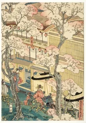 Valódi kilátás Miyosaki örömházairól az új kikötőben, Yokohama, Kanagawa, 1860 (fatömb)