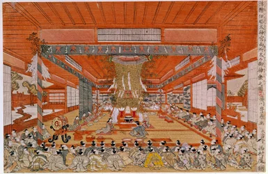 Sintó szertartás, amely a sintó istentisztelet, Japán legrégebbi vallásának szertartását ábrázolja. Japán nyomtatott Utagawa Toyoharu (1735-1814). Párizs, Guimet Múzeum, Ázsiai Művészeti Múzeum.