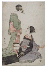 Két Bijin, az egyik szamisen, Edo-korszak