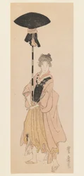Fiatal nő feldíszített rudat visz a körmenethez, 1805–1806 körül (fatömbnyomat, keskeny koban tate-e surimono-stílusú nyomtatás)