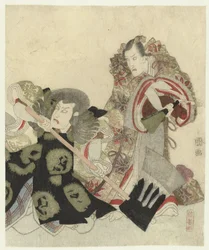 Ichikawa Danjûrô VII Yoshimune no Munesadaként rajongóval és Ichikawa Omezô Sekibei szerepében baltával