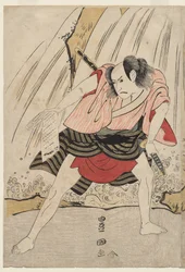 Kataoka Nizaemon VII és Ichikawa Yaozo III összecsapásban egy vízesés mellett