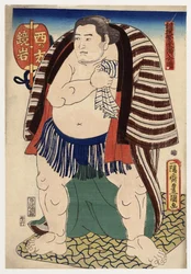 "" Kagamiiwa szumóbirkózó portréja a nyugati partról "" (A szumóbirkózó, Kagamiiwa a West Side-ról) Utagawa Toyokuni (1769-1825) mélynyomtatása 1847. vers Magángyűjtemény