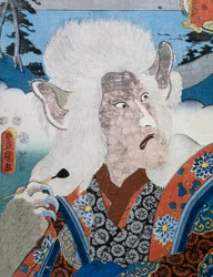 A kabuki színházi színész, Morita Karya zoomorf maszkot viselő portréja, Utagawa Toyokuni (1769-1825) ukiyo-e művészeti nyomata, fametszet, japán civilizáció, Edo-korszak