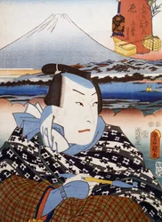 Port rai t of kabuki te a t rea c and r in front of um t fuji, ukiyoe rt p rin t by Utagawa to well (1769-1825), t, japán Shii Zachion, Edo Perio d
