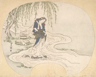 Egy nő áll egy sziklán a patakban, mos ruhát, kb. 1828.