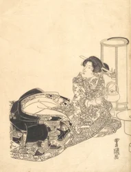 Courtesan vagy színész, mint udvarhölgy teát öntő lámpás fényénél.
