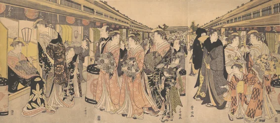 Az udvarhölgyek sétálnak a Nakanochón Yoshiwarában, kb. 1795.