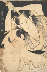 A színészek, Sawamura Sojuro III Sword Aloft kezében, és Arashi Shichigoro III, mint Harc..., kb. 1798.