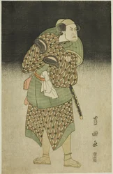 Kataoka Nizaemon VII színész, mint Iyo no Taro, Bantaronak álcázva a Seiwa Nidai Oyose Genji című darabot, amelyet a tizenegyedik hónapban mutattak be a Miyako Színházban,